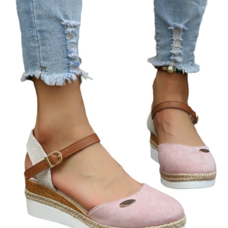 Spot Cross-border Foreign Trade Large Size Color-matching Baotou Rear Empty Sandals Wedge Heeled Lightweight Hemp Rope Buckle Women's Shoes Cool Thick Sole