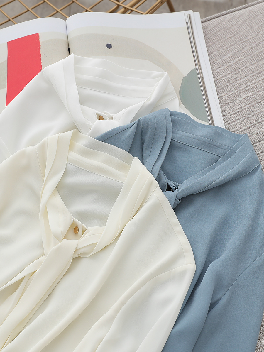 Spring and Autumn Women's New Elegant Fashionable Design Sense Breathable Chiffon Long Sleeve Shirt Bow Ribbon Draped Top