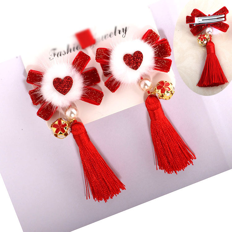 Chinese Style Stage Performance Jewelry Children's New Year Headwear Fur Ball Tassel Festive Hairpin Little Girl's New Year Greeting Hairpin