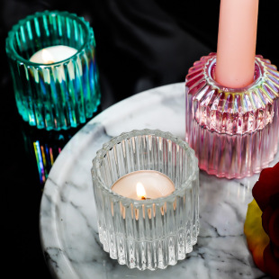 Nordic Light Luxury Vertical Pattern Double Use Glass Candle Holder Couple Candlelight Dinner Atmosphere Decoration Aromatherapy Candle Holder Ornaments