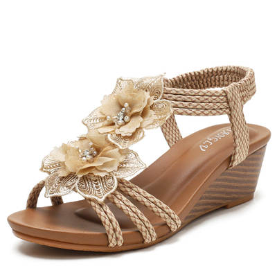 Wedge Roman Shoes Women's 2024 Summer Bohemian Retro Flower Holiday Sandals Women's Large Size Women's Shoes 1418-738