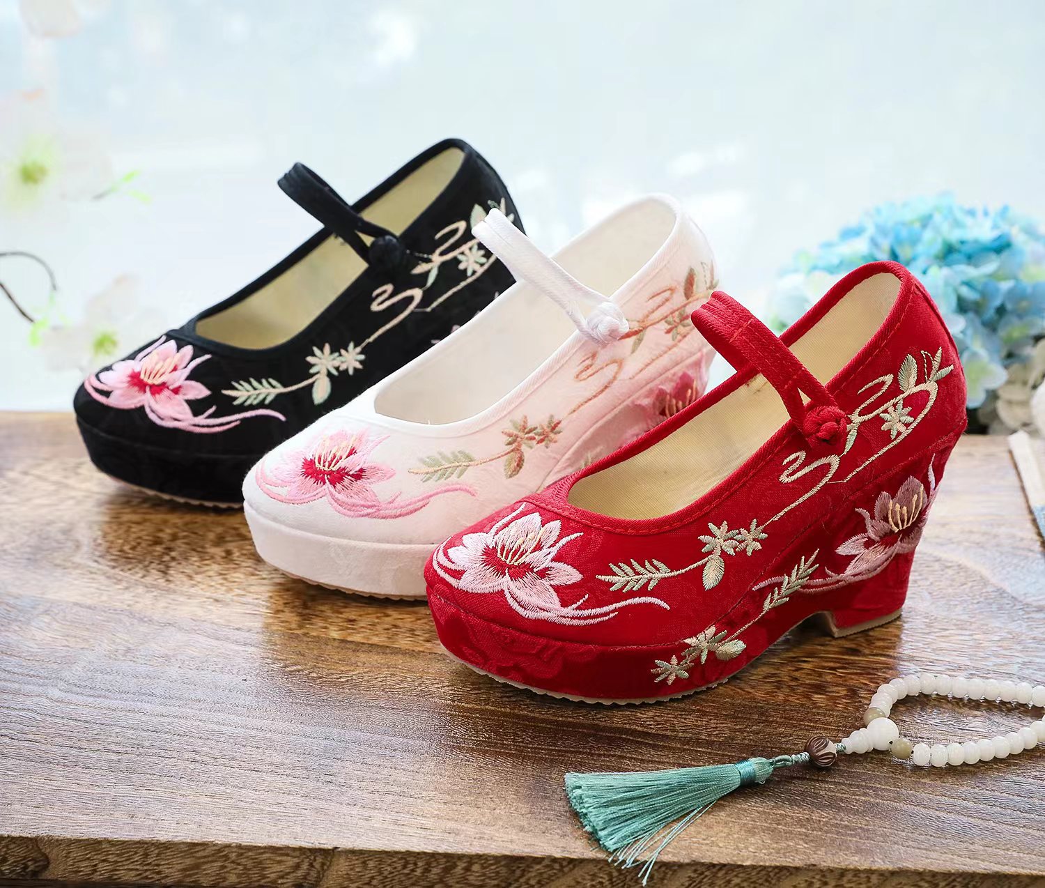 Ailian Hanfu Shoes Women's Antique High-heeled Ethnic Embroidered Shoes with Beef Sole Height 9cm Thick-soled Beijing Cloth Shoes