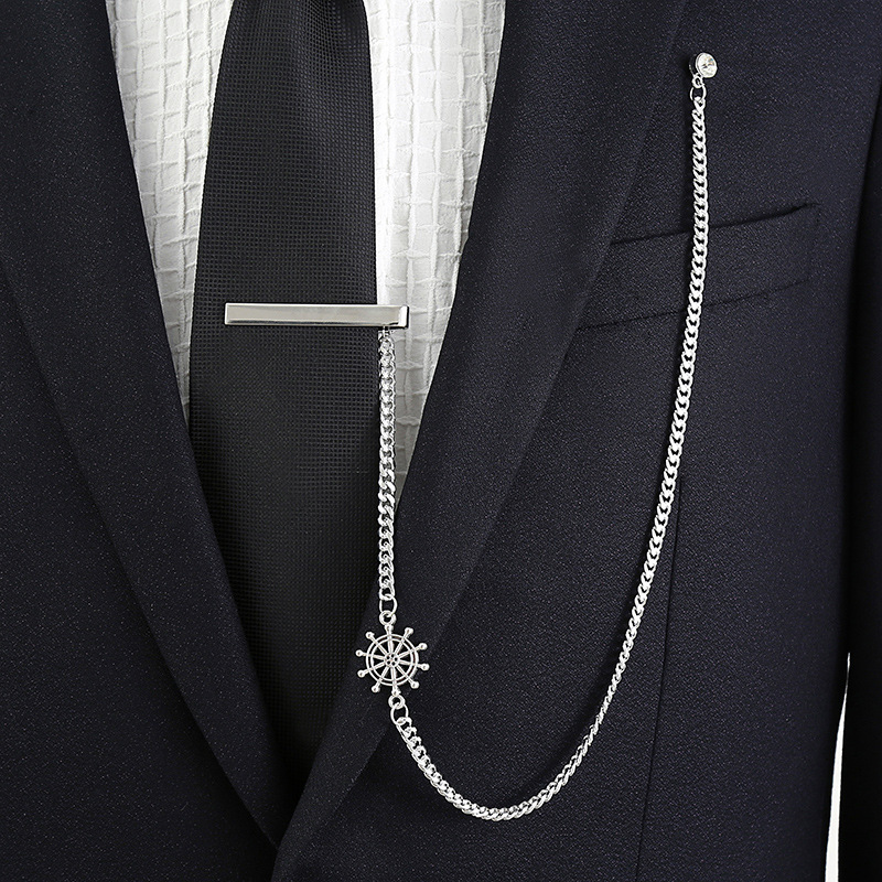 Fashion Tie Clip Long Chain Forsuit Men's Golden Silver Tie Clip Boat Rudder ECG Bear Clip