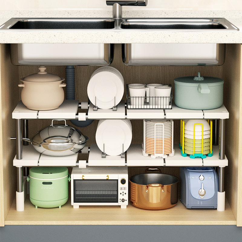 Kitchen Extendable Sink Storage Rack Cabinet Layered Rack Kitchen Cabinet Storage Multifunctional Pot Rack Storage Shelf