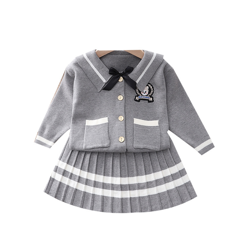 Autumn and Winter Girls Korean Knitted jk College Style Cute Bear Embroidered Long Sleeve Cardigan Pleated Skirt Two-piece Set