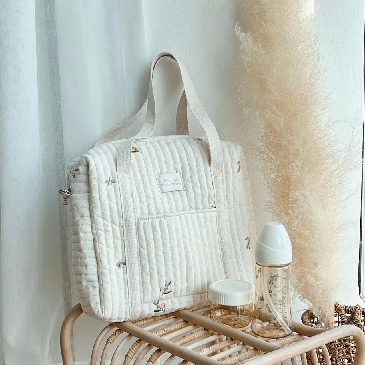 ins Korean Style Cotton Quilted Mummy Bag Tote Bag Zipper Large Capacity Baby Stroller Hanging Bag Diaper Finishing Bag