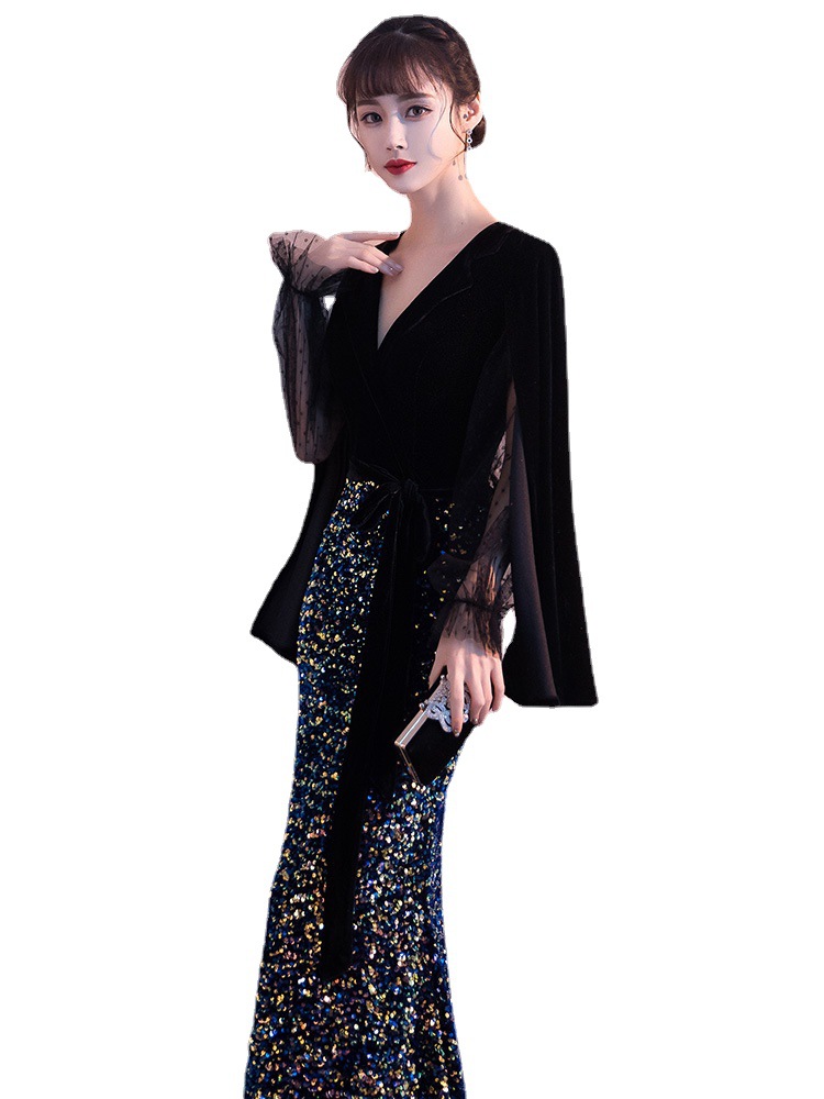 Black evening dress for women 2024 spring new banquet fishtail temperament annual meeting host banquet dress