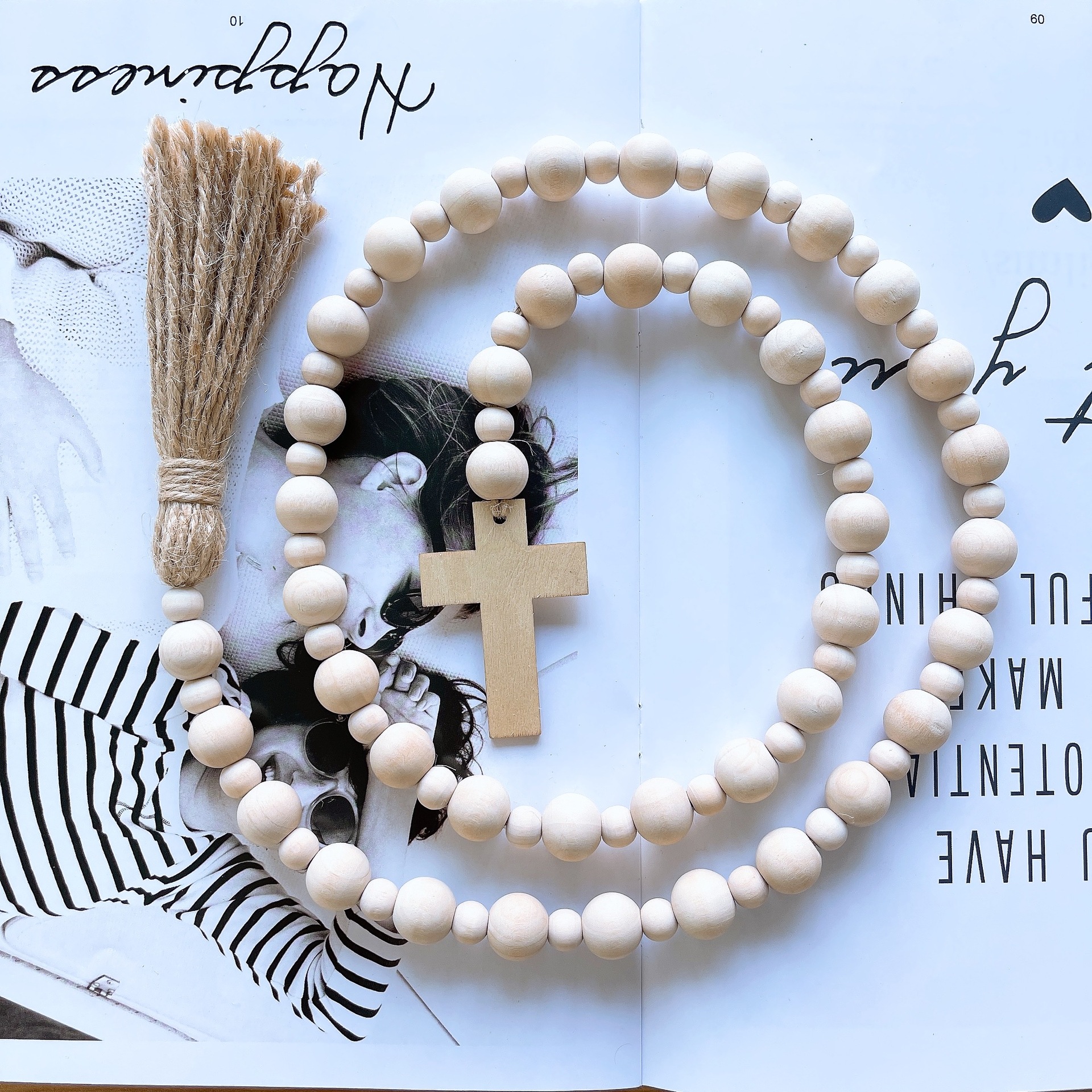 ins Nordic Easter Cross Wooden Bead String Creative Hemp Rope Tassel Home Decorative Hanging Craft Pendant