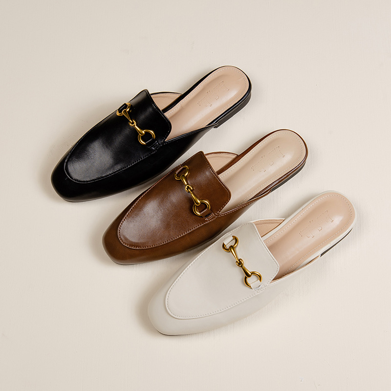 Closed toe slippers women's summer ins2023 all-match horse buckle lazy shoes flat Muller half slippers women's outer wear fashion