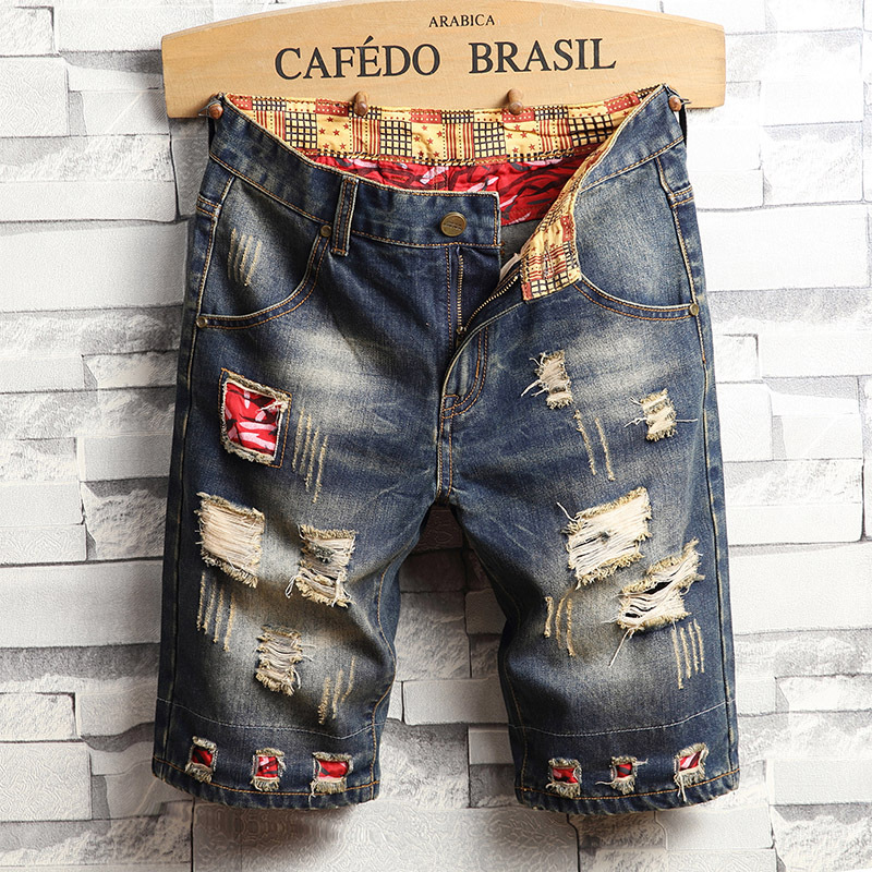 Lined Jeans Men's Ragged Five-point Beggar Pants Four Seasons Trendy Brand Personalized Men's Jeans jeansmen