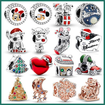 Pan Family Beads Christmas Collection Santa Claus Reindeer Tree Snowflake Mickey Beaded Pendant Holiday Gift Jewelry