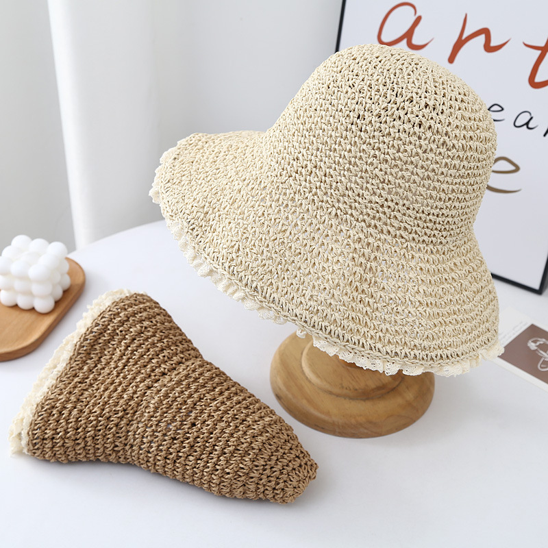 Summer vacation casual big brim sun hat straw hat female fresh lace solid color all-match fisherman hat Korean style
