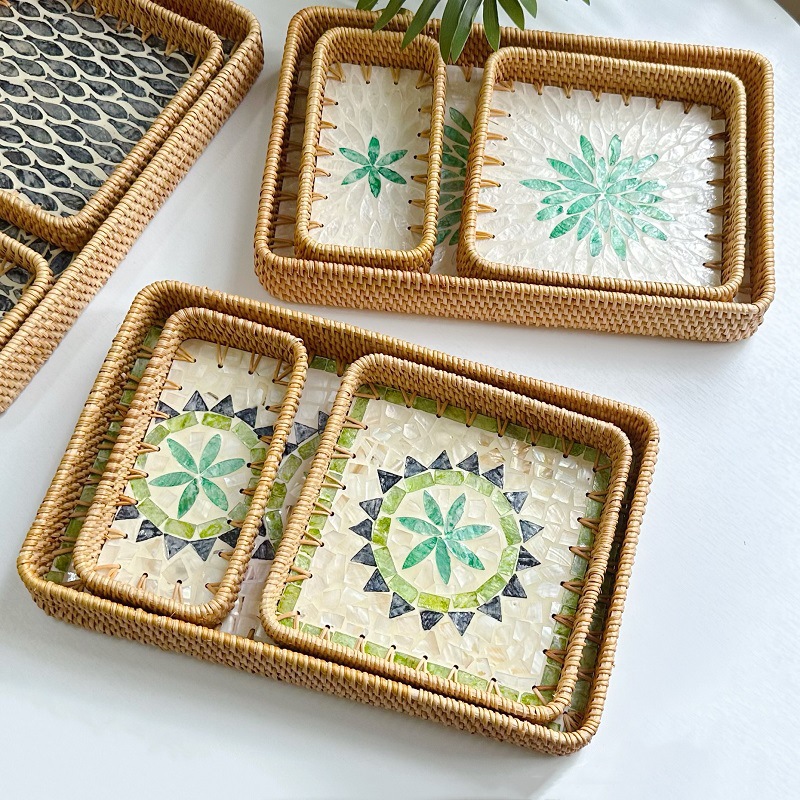 Vietnam rattan shell tray fruit plate rectangular tray household living room dining room light luxury storage basket storage tray