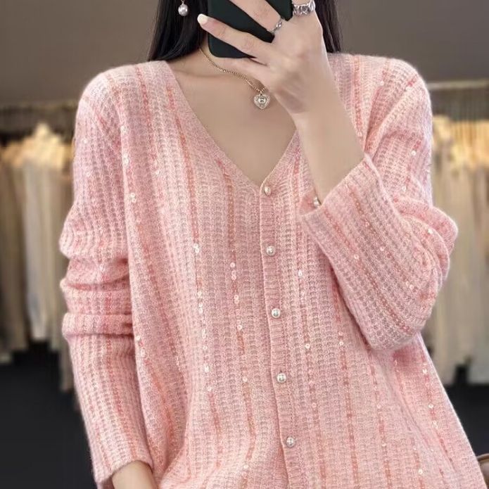 Early autumn heavy-duty sequined cardigan women's V-neck loose high-grade pearl buckle sweater versatile knitted long-sleeved coat