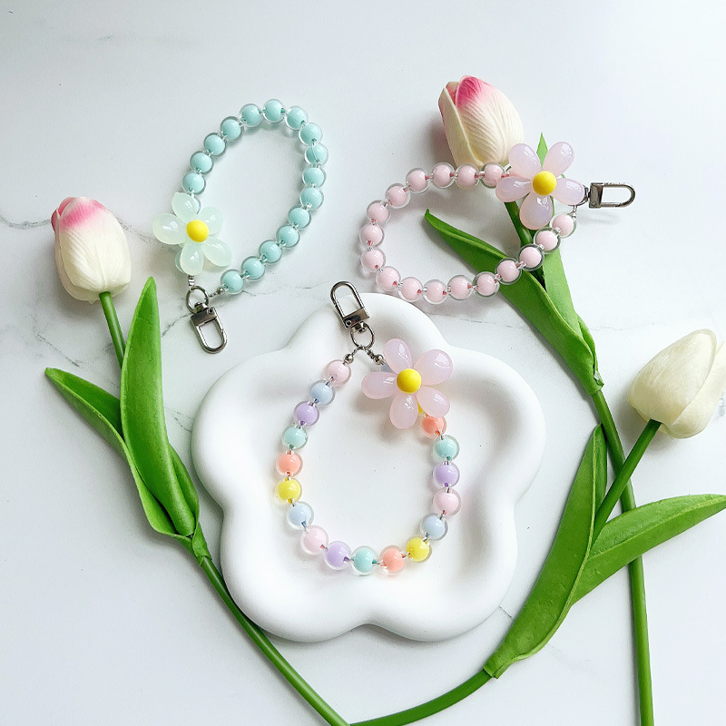 New Ins Style Handmade Beaded Macaron Beads in Beads Flower Mobile Phone Lanyard Keychain Wrist Rope Trendy Style