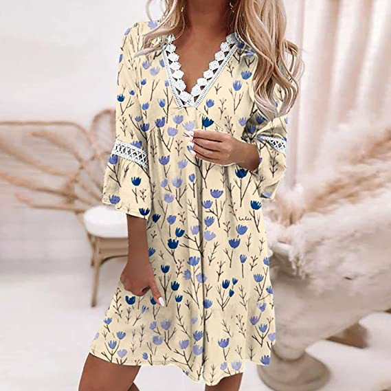 Spring V-neck Printed Lace Stitching Bohemian Leisure Holiday Style Dress ChezWe Chic Bohemian Style:This dress features a ch...