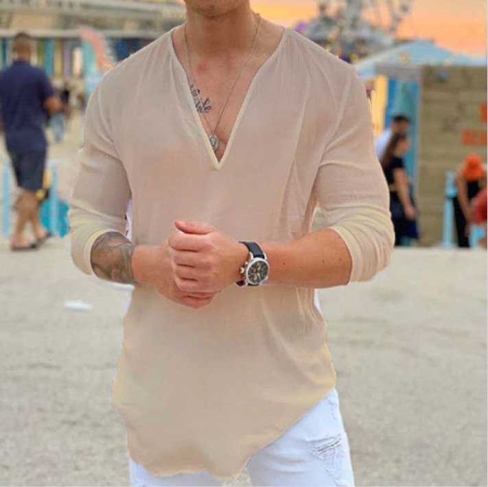 European and American Men's Amazon Independent Station New Fashion V-neck Casual Solid Color Men's Shirt 2023 Men's Solid Color Shirt