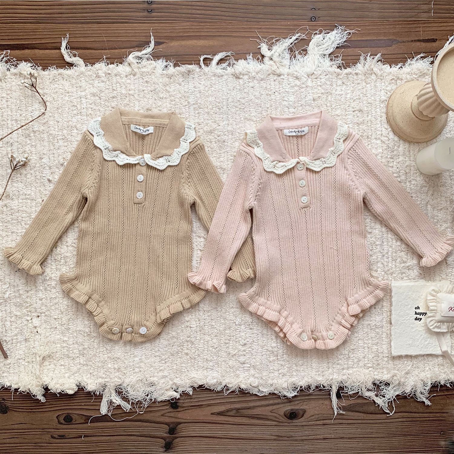 Cutemily Baby Girl Ins Knitted Lapel Climbing Suit Female Treasure Spring and Autumn Pit Strip Long-sleeved Contrast Triangle Ha-ha Suit