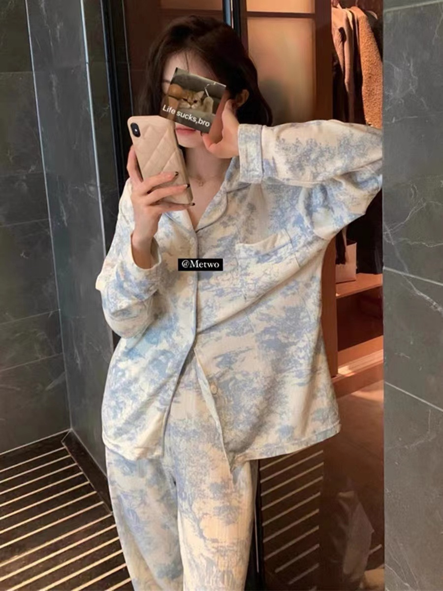 Pajamas Women's Spring and Autumn Long-sleeved Cute Simple Home Clothes High-end 2023 New Outfit Large Size Suit