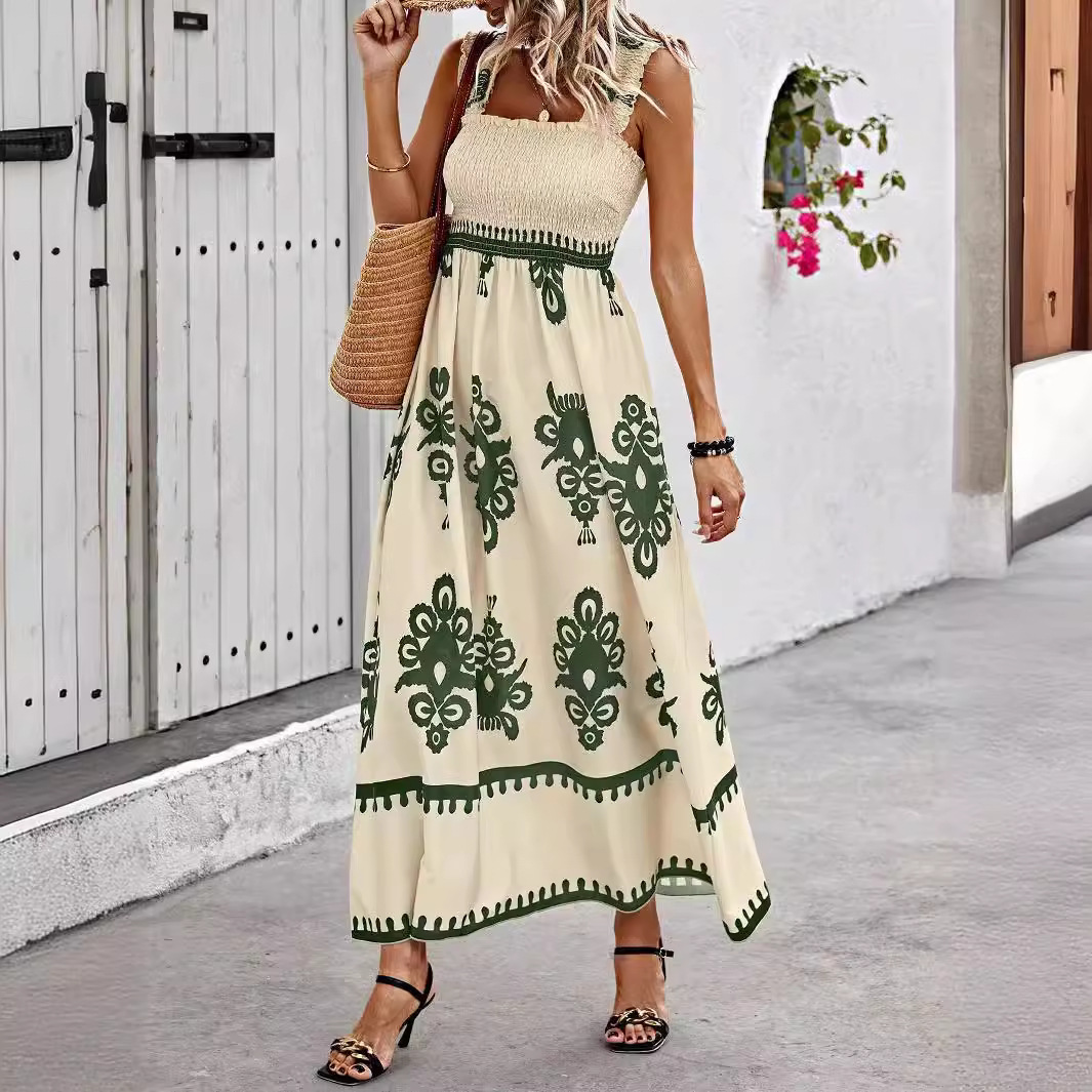 2024 European and American New Women's Clothing Amazon Hot Selling Women's Beach Dress Vacation Style Printed Chest Wrap dress