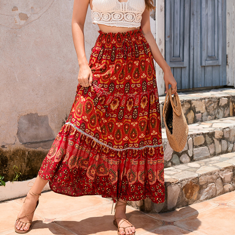 Foreign Trade Women's Ethnic Style Printed Skirt Bohemian Beach Skirt Women's Hollow Lace Stitching Large Swing Long Skirt