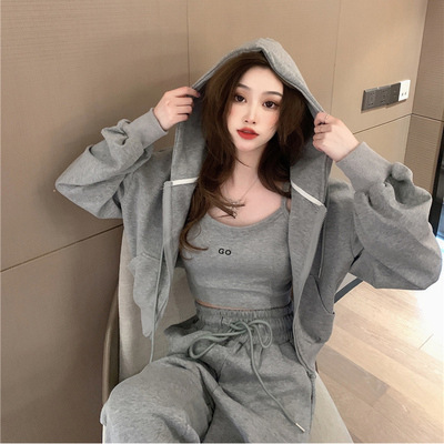 2025 Early Spring Hong Kong Style New Leisure Sports suit Women's Trousers Zipper Sweatshirt Jacket Women's Sling Three-Piece Trendy