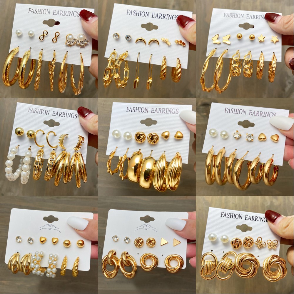 復古珍珠耳環套裝金屬金色耳環心形蝴蝶耳環幾何時尚飾品Earrings
