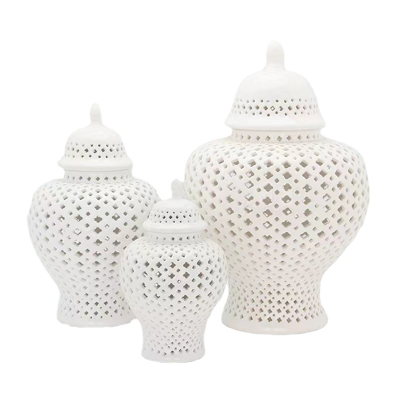 Classical Light Luxury Ceramic Carved Hollow General Jar Home Decoration Living Room Office Decoration Storage Crafts