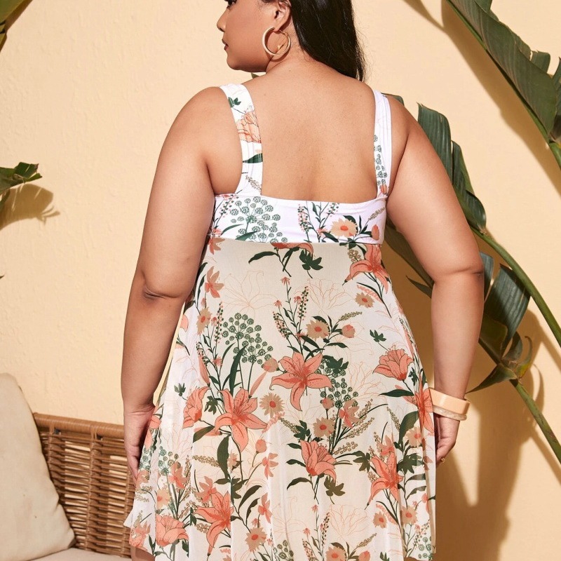 European and American New 2023 Amazon plus size plus size cover belly slimming conservative digital printing skirt split bikini