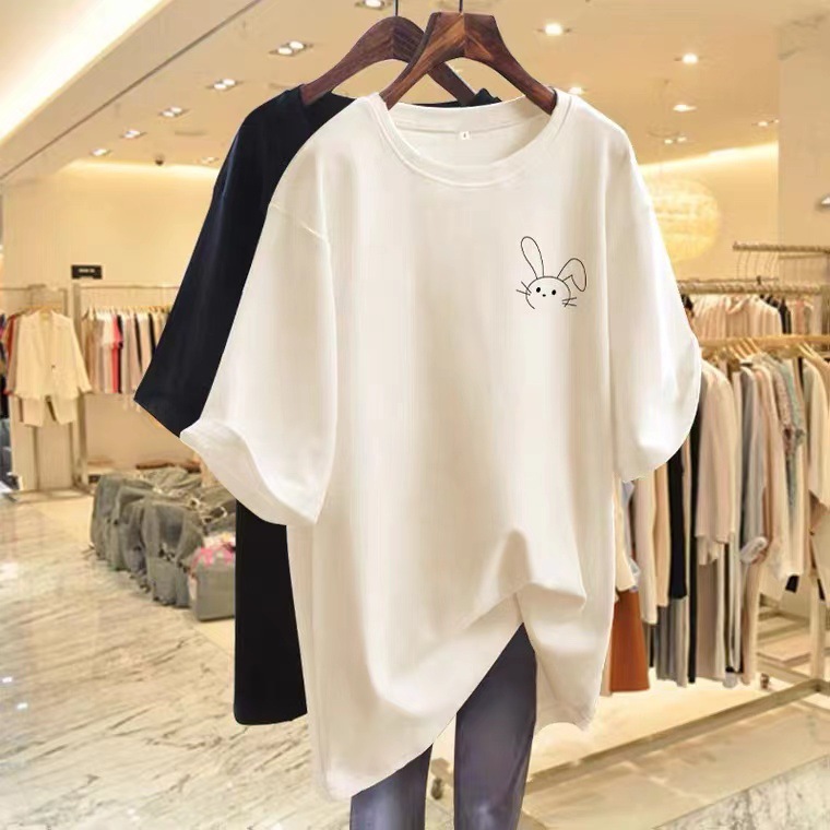 Large Edition Long Pure Cotton Crewneck Texture Apricot Short-sleeved T-shirt Women's 2023 Summer New European Half-sleeved T-shirt ins