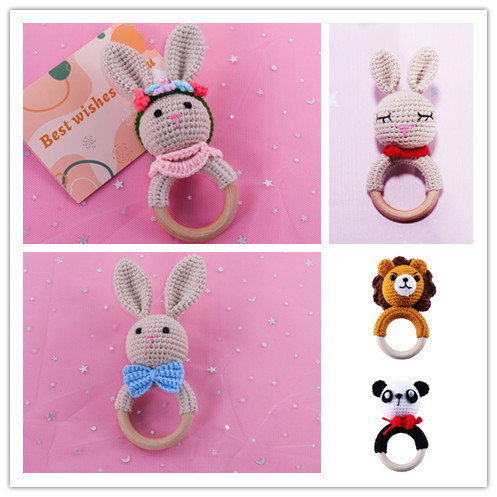 Wool Knitted Rattle Baby Comfort Wooden Ring Sound Toy Baby Hand Grip Rattle Bed Bell Factory Wholesale Orderable