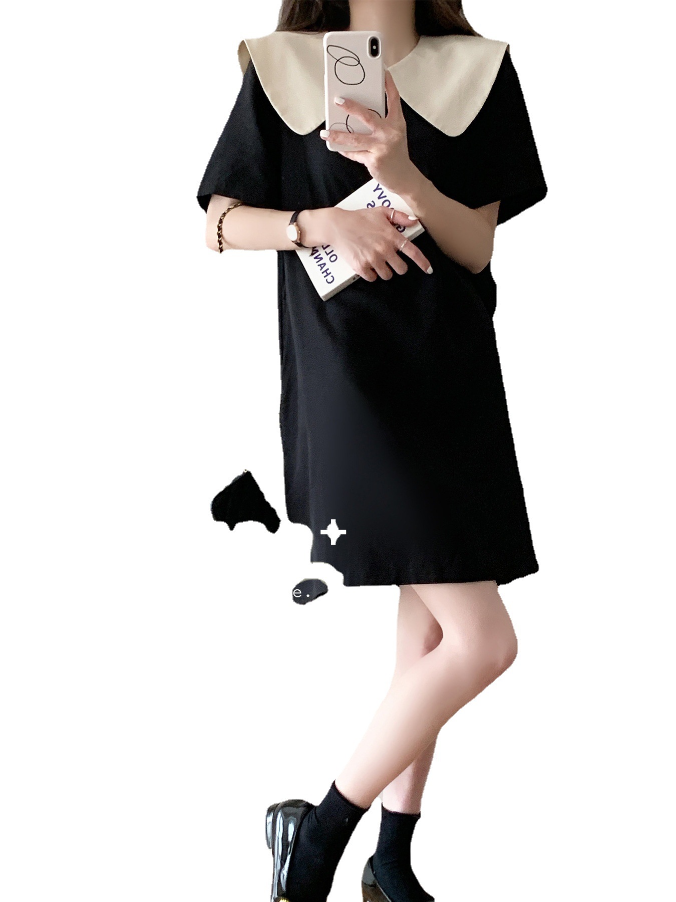 Black Doll Collar Dress Women's Summer 2023 New French Style Retro Gentle Wind Back Bow Loose Skirt