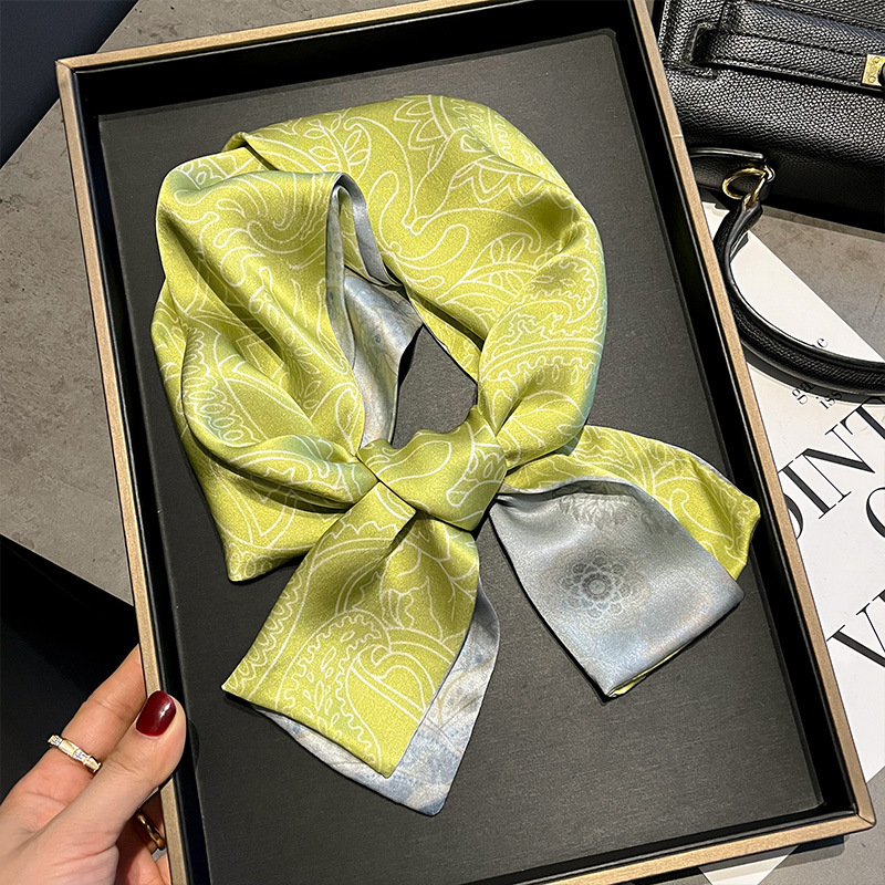 Double-layer Long Silk Scarf Ribbon 100 Mulberry Silk All-match Scarf Green Cashew Flower Women's Scarf for Mother