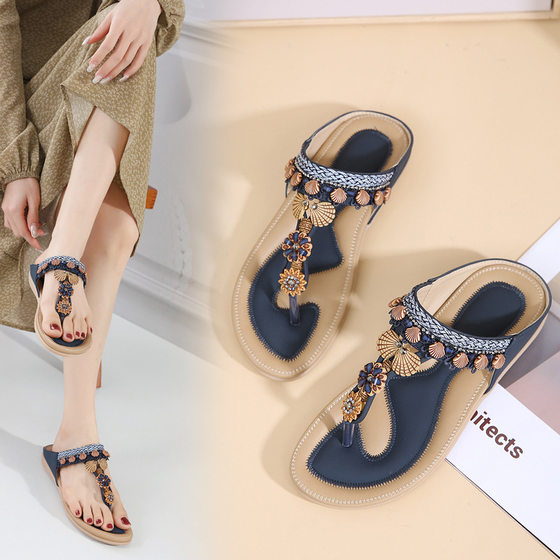2024 Summer New Bohemian Style Handmade Flower Thong Sandals Women's Fashion All-match Slippers Wholesale