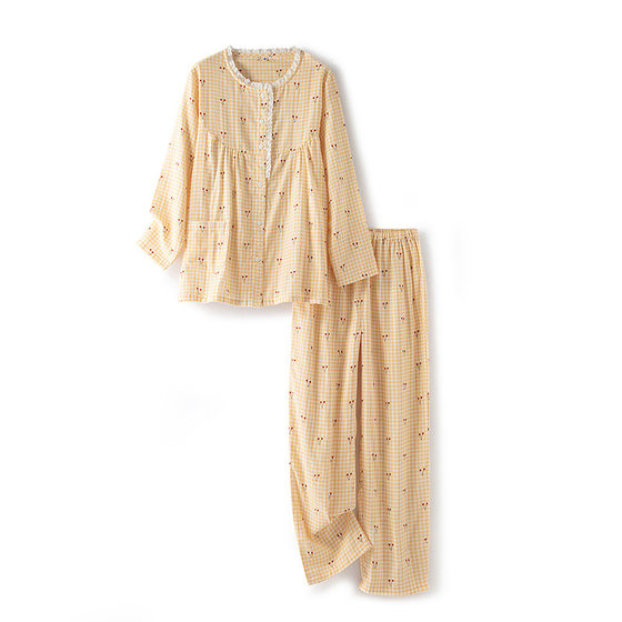 Men's and women's cotton double-layer gauze simple printed long-sleeved trousers pajamas home wear suit cross-border wholesale