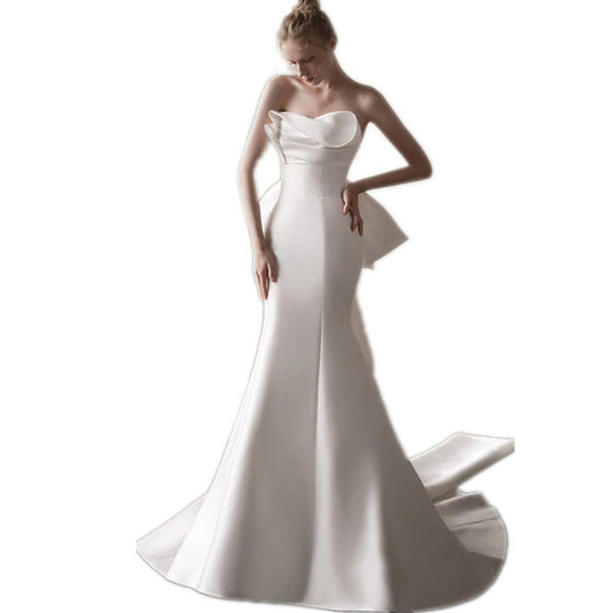 Satin Wedding Dress High-end French White Slim-fit Strapless Simple Bride Wedding Bow Out-door Yarn Spring