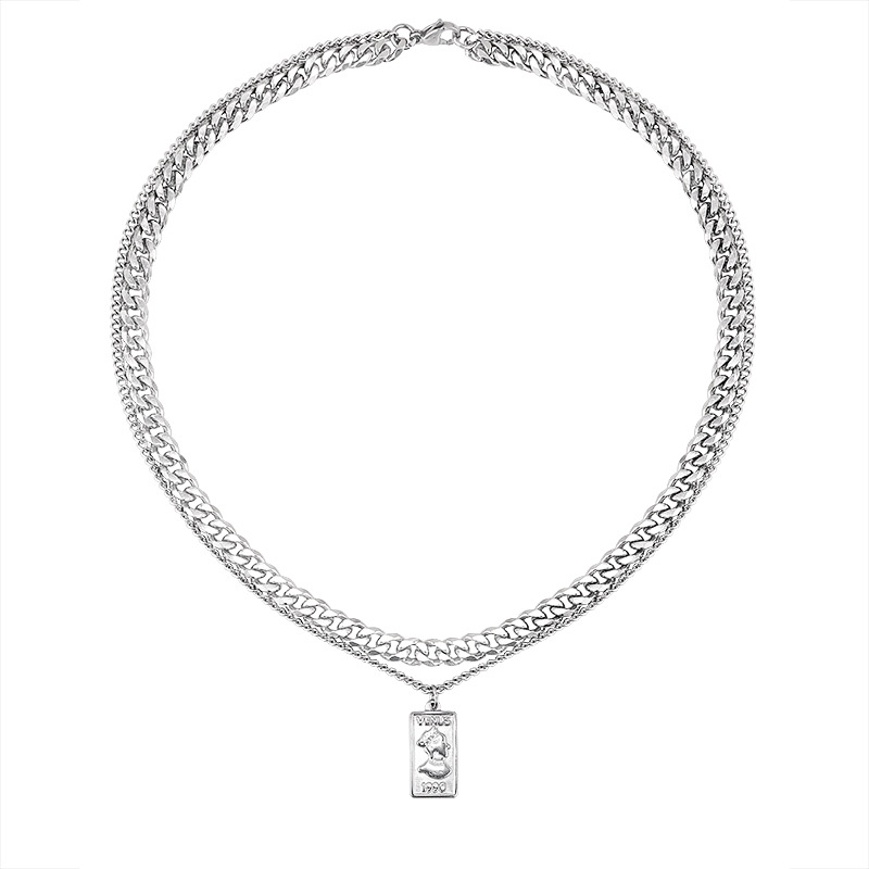 European and American Retro Titanium Steel Pendant Cuban Chain Men's Trendy Niche Design Sense Double Layer Hip Hop Necklace Sweater Chain Accessories