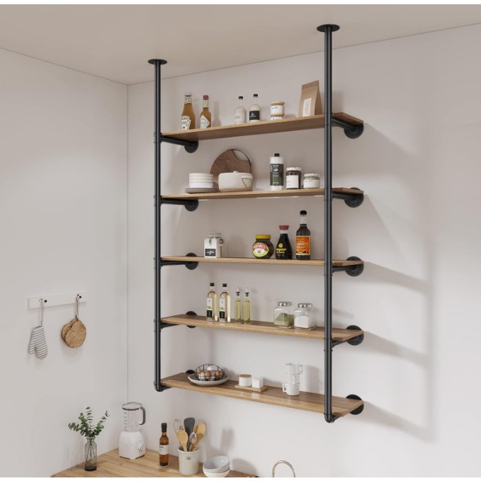 Industrial iron pipe rack wall-mounted kitchen bathroom pipe rack bookcase living room storage black metal pipe bracket