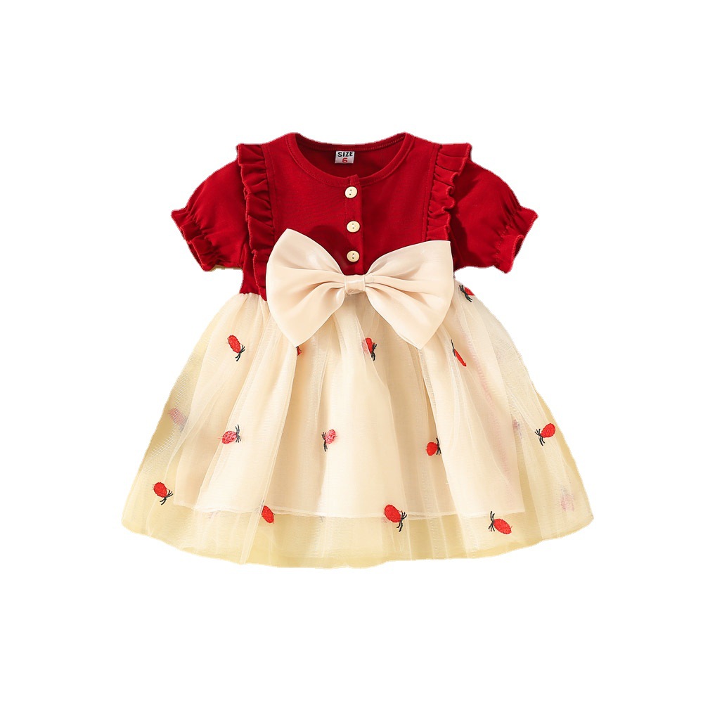 Summer Children's skirt 2023 new children's clothing knitted stitching pineapple embroidered mesh bow short sleeve girl dress