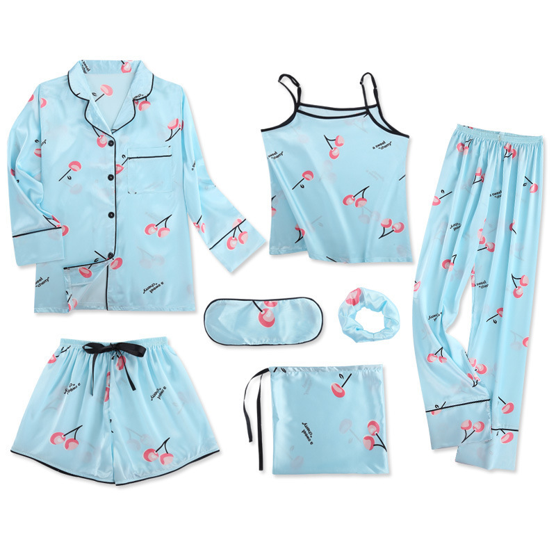 Foreign trade Europe and the United States girls seven-piece pajamas long sleeve silk strap striped home clothes suit wholesale