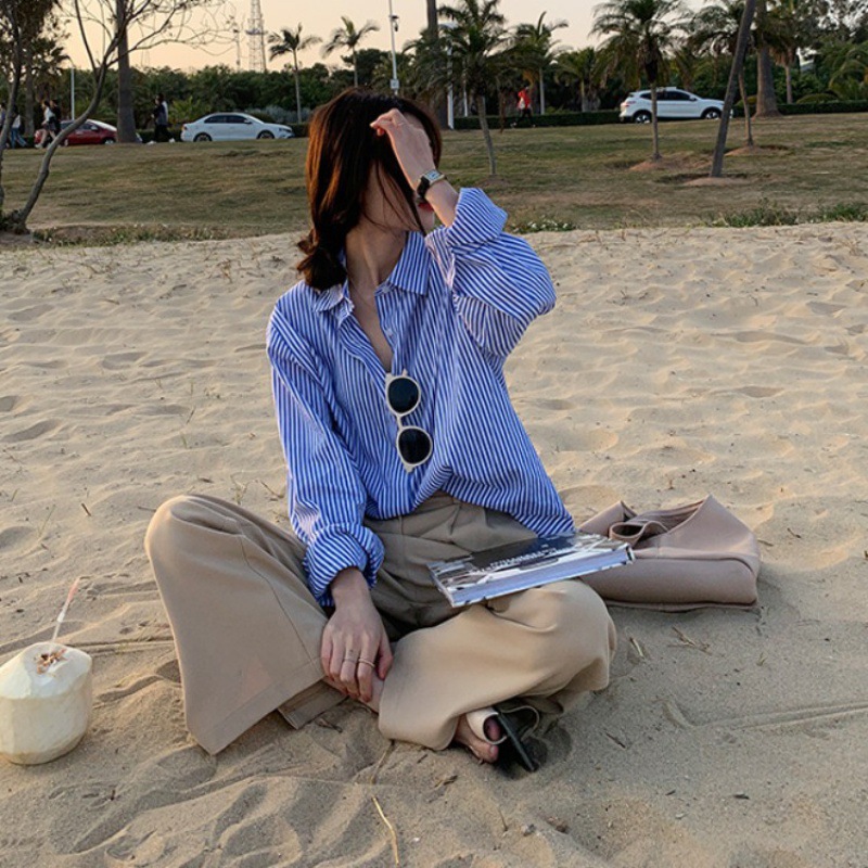 Korean Style Blue Vertical Stripe Shirt Women's New 2021 Stacked Shirt Long Sleeve Top