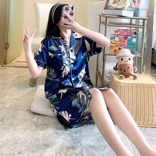 2022 new foreign trade summer ladies imitation silk shirt nightgown loose sexy short sleeve pajamas home clothes wholesale