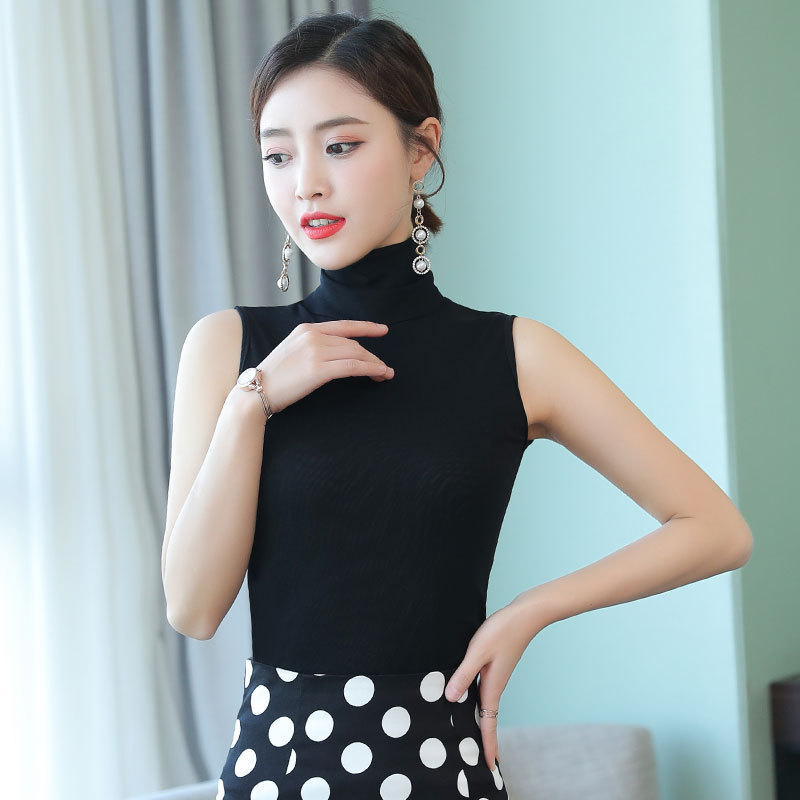 2023 Spring and Summer New Black High Collar Exterior Wear Sleeveless Vest Women's Inner Base Shirt Tight Top with Slip Sleeve T-shirt