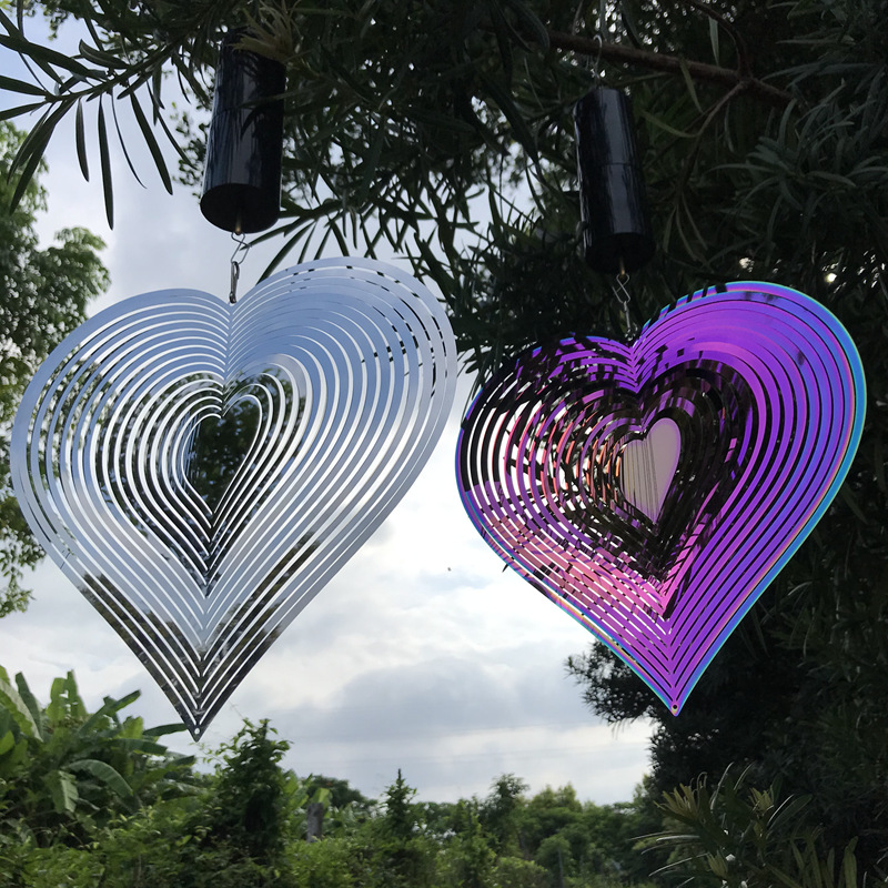 Metal 3D heart-shaped rotating wind chime wind cross-border e-commerce crafts suppliers color stainless steel love gifts