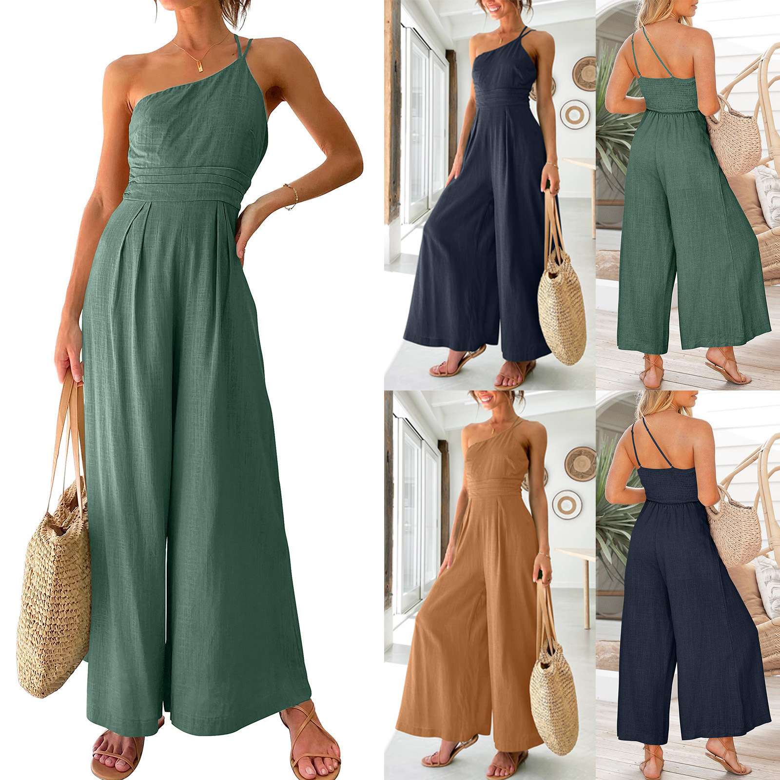 2022 European and American Foreign Trade Cross-border Women's Clothing Amazon Explosive Single Shoulder Strap Pleated High Waist Casual Wide Leg Jumpsuit