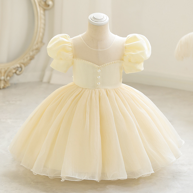 Girls' Court Style Short Dress Children's Princess Dress Bubble Sleeve Mesh Puff Dress Small Host Performance