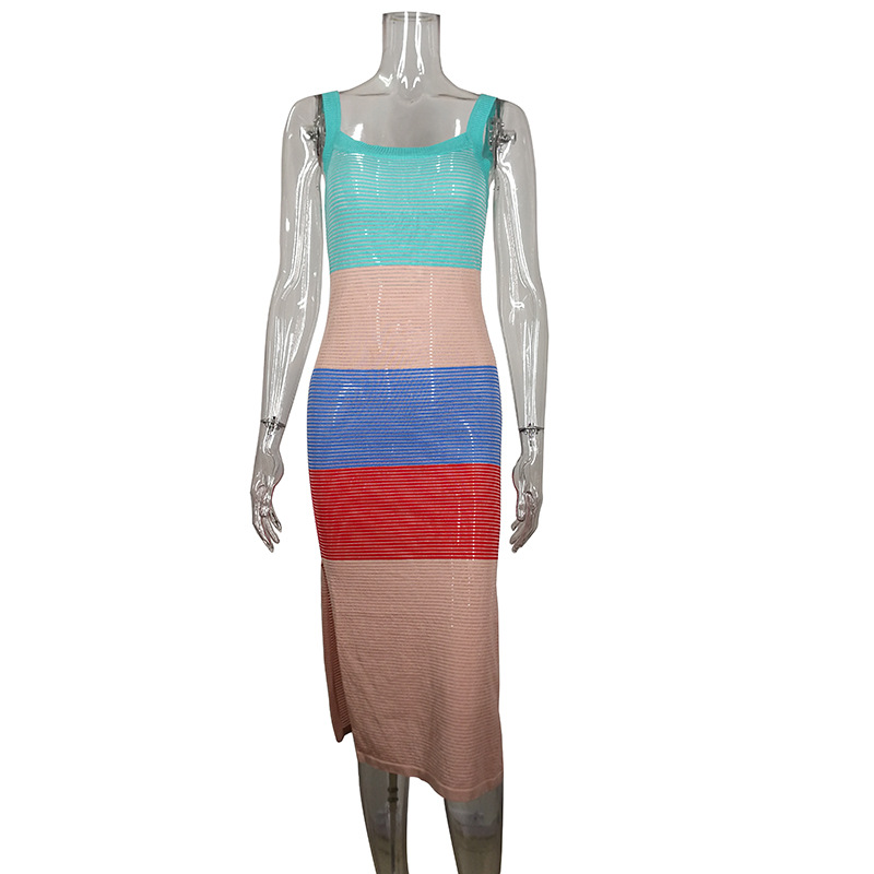 2023 Summer European and American INS Style Sexy Vacation Dress Sleeveless Strap Contrast Color Side Slit Hollow Dress Women's Long Dress