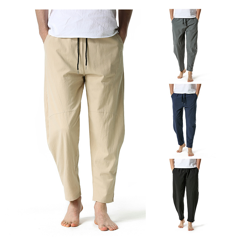 Men's linen cotton loose casual lightweight elastic waist pants yoga pants home pants K04