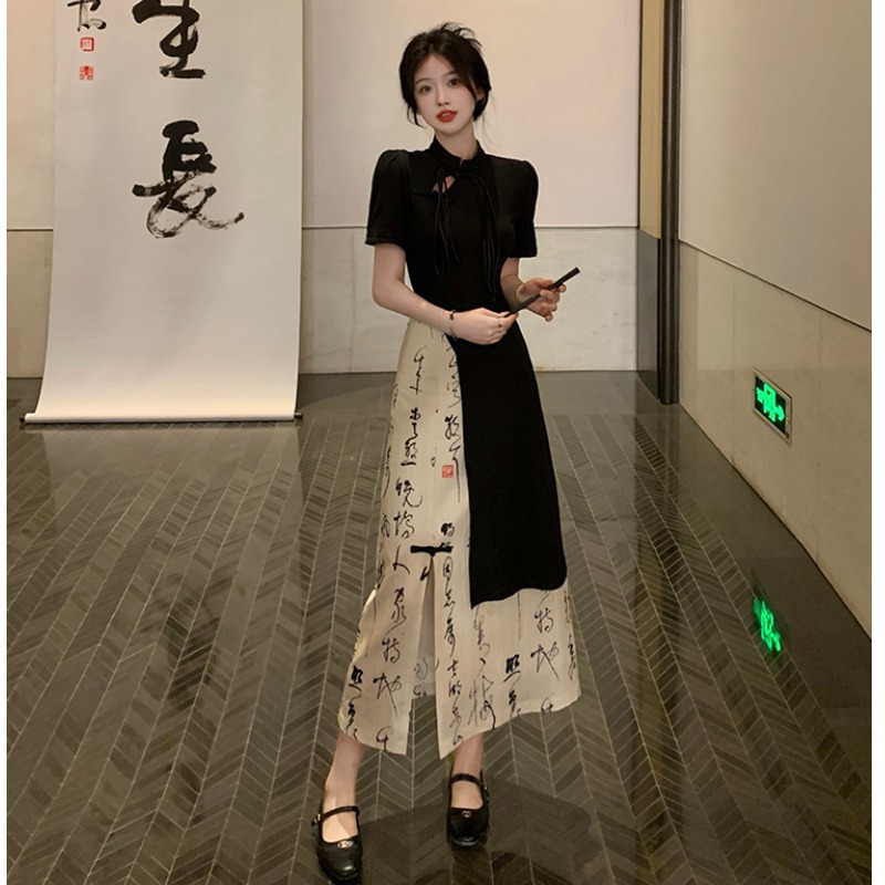 New Chinese Style National Style Retro High-grade Irregular Calligraphy Skirt Fashion Cheongsam Two-piece Suit Skirt Women's Summer