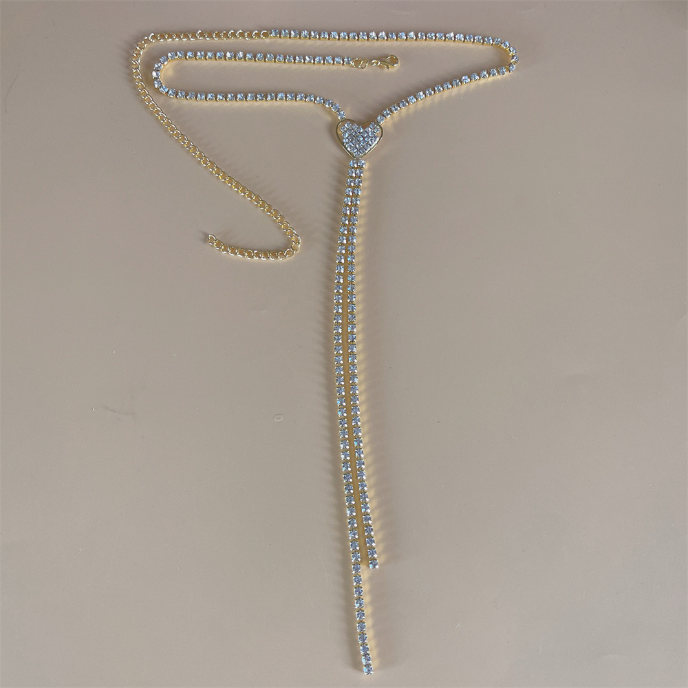 Amazon Hot Sale Full Rhinestone Love Long Tassel Clavicle Chain Women Party Dinner Shiny Crystal Necklace Jewelry